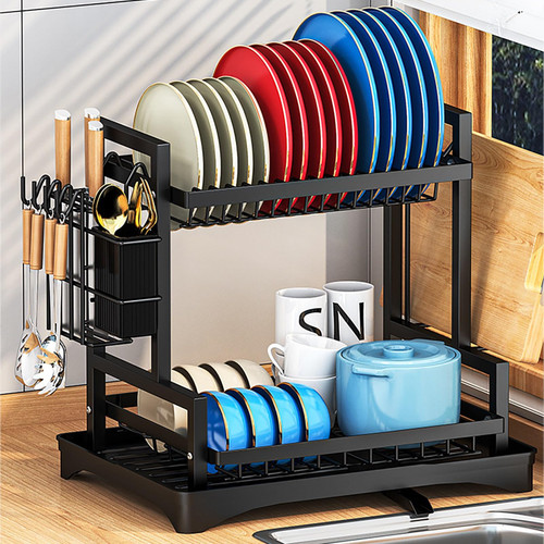 2-Tier Stainless Steel Dish Drying Rack with Knife Slots
