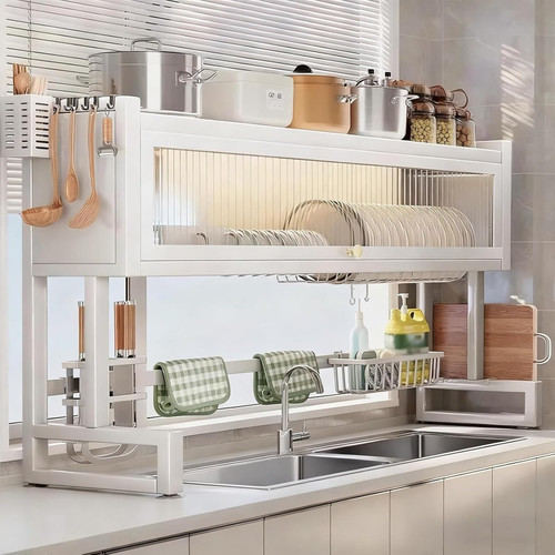 Over The Sink Dish Drying Rack with Cover - Large Kitchen Counter Space