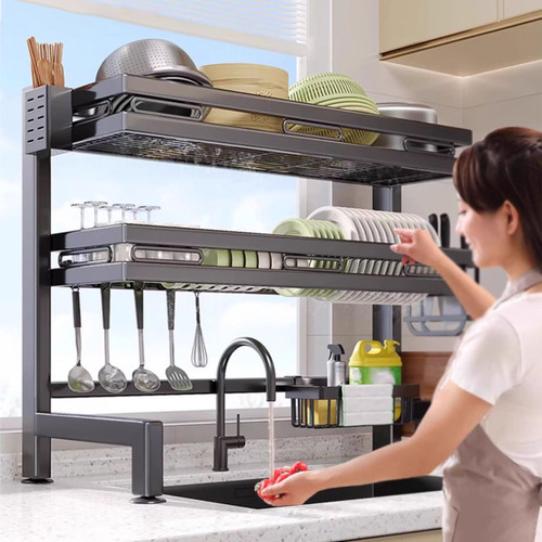 Double-Layer Dish Drying Rack with Knife Holder Kitchen