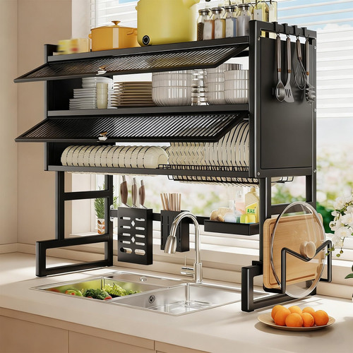 Over The Sink Dish Drying Rack with Dustproof Cover & Knife Holder