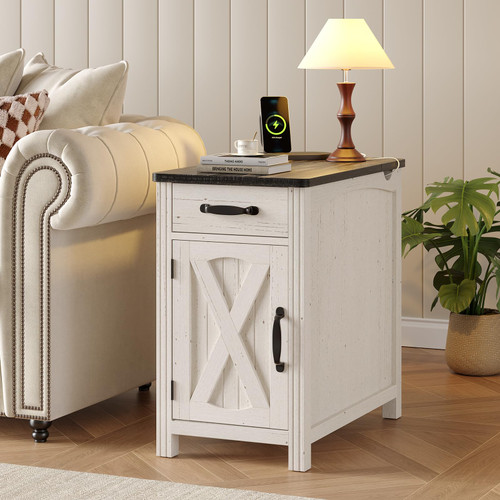 23"Farmhouse End Table with Storage, Side Table with Charging Station White