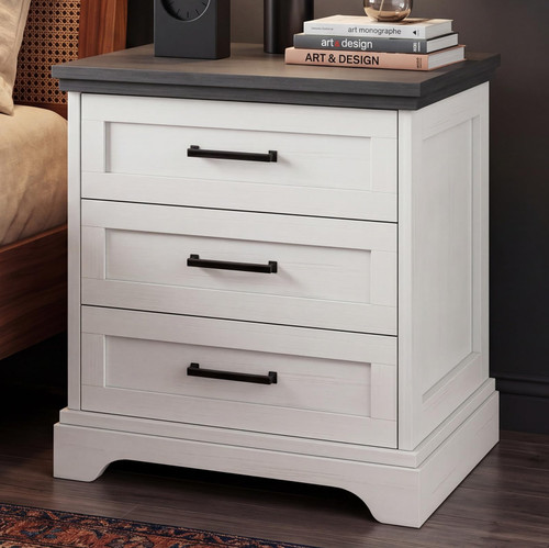 DUMOS 3 Drawer White Farmhouse Wood Nightstand with Charging Station