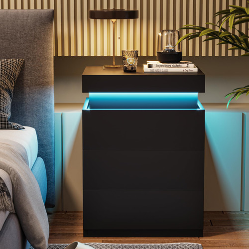 ADORNEVE Black Nightstand with Charging Station and LED Lights