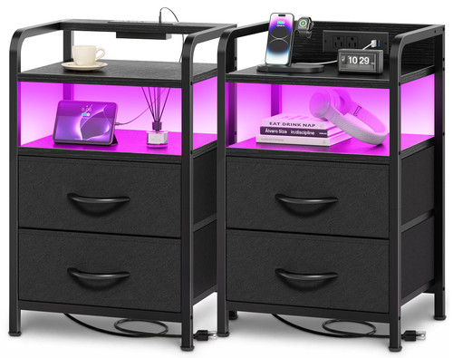 Huuger Nightstands Set of 2, Night Stand with LED Lights, Charging Station