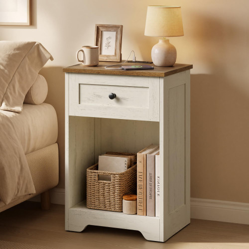 VASAGLE Nightstand with Charging Station, 1 Drawer and Open Shelf