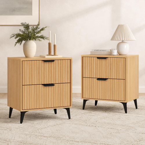 GRAINLLE Wood Nightstand Set of 2, Fluted Bedside Tables with 2 Drawers