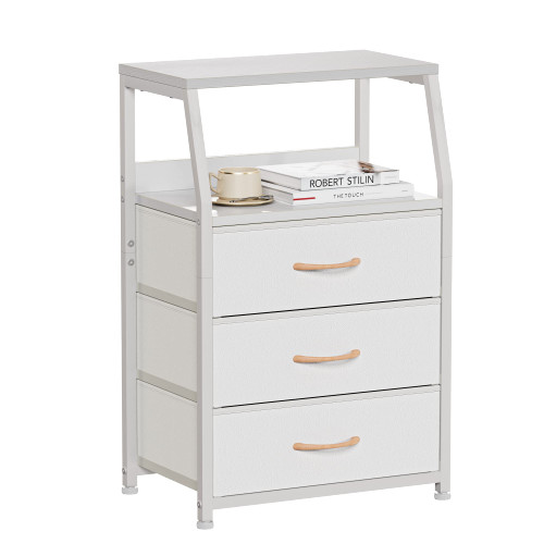 Furnulem White Night Stand with 3 Fabric Drawers, Small Bedside Table