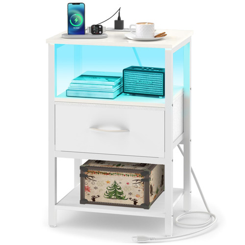 Yoobure White Night Stand with Charging Station, LED Nightstand for Bedroom