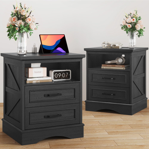 Fluest 24" Tall Farmhouse Nightstands Set of 2, Night Stands with Fast Charging Station, Beside Tables with Drawers and Open Storage, Rustic End Tables for Bedroom, Antique Black