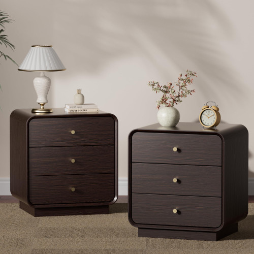 Hizetol Nightstands Set of 2, Modern Nightstands with 3 Drawers, Bedside Table End Table with Curved Profile Design & Gold Metal Handles, Night Stands for Bedroom, Brown