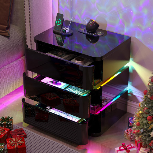 Dystler Fully Assembled Nightstand with Charging Station and LED Lights