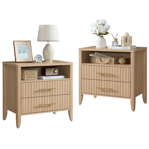 UZUXNUX Fluted Queen Size Nightstand Set of 2, 27 inch Wide End Table with 2 Drawers, Modern Wood Bedside Table for Bedroom, Natural Oak