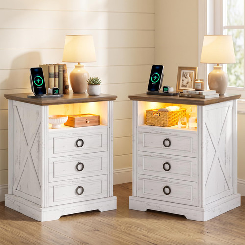 TAGELIER Set of 2 Nightstands with Charging Station and 3 Drawers