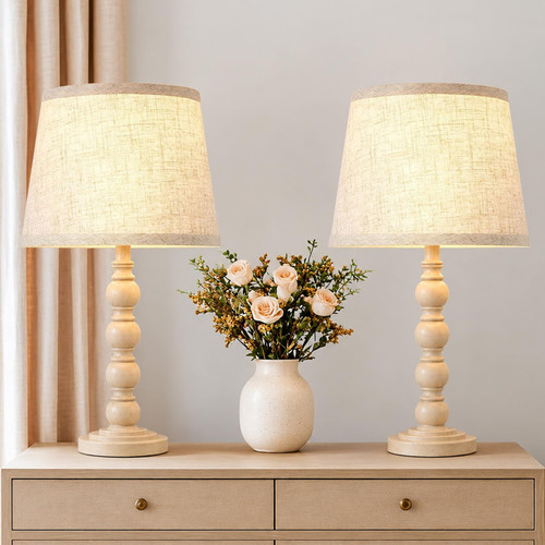 Farmhouse Table Lamps Set of 2, 21" Vintage Nightstand Desk Lamps with Linen Shades, Rustic Resin Bedside Lamps for Bedroom, Living Room, Office, Includes LED Bulbs with 3 light settings, Beige