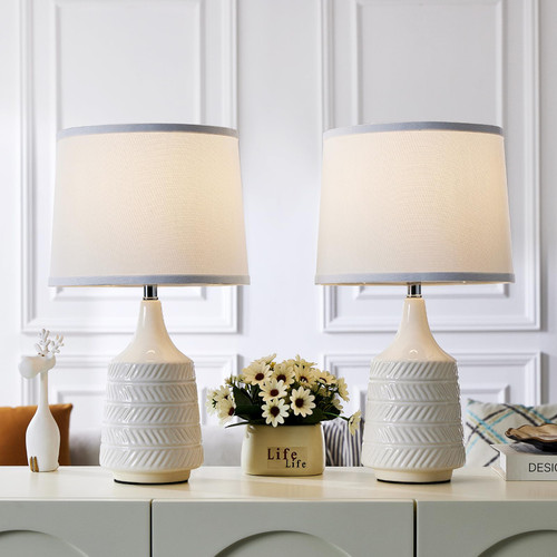 LTGSRC White Ceramic Table Lamps Set of 2, 18.5" Modern Bedside Lamps for Night Stands, Decor Classic Small Lamps for Living Room End Tables, Farmhouse Boho Lamp for Bedroom Office, LED Bulbs Included