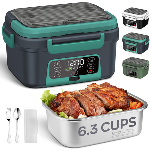 Cordless Electric Lunch Box, Odopok 6.3 Cup 100W Heated Lunch Box with 20000mAH Battery Powered for Self Heating, Including Fork Spoon and Insulated Bag for Men Women Adults, BPA Free(Grey+Lake Green)