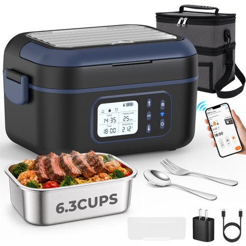 FYY Cordless Electric Lunch Box for Adults with APP Control, 27000mAh Battery Powered, 1.5L Portable Timer & Leak-Proof Warmer, Smart for Men Work Travel Truck (Black)