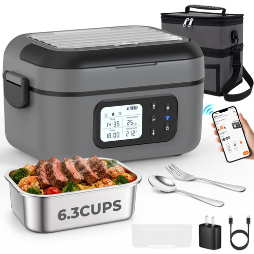 FYY Cordless Electric Lunch Box for Adults with APP Control, 27000mAh Battery Powered, 1.5L Portable Timer & Leak-Proof Warmer, Smart for Men Work Travel Truck (Gray)