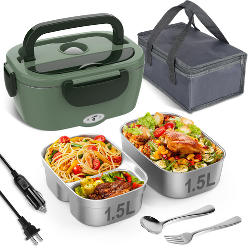 Vabaso Electric Lunch Box for Adults, 80W Heated Lunch Box with Dual 1.5L Stainless Steel Containers, Portable Food Warmer for Men Work Car Truck, 12V/24V/110V/220V