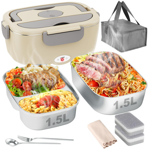 Geveniss Electric Lunch Box for Adults, Heated Lunch Box for Car and Truck, Portable Food Warmer for Office Work, 80W Fast Heating, Dual Removable 1.5L Stainless Steel Containers