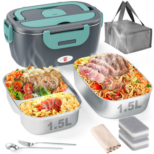 Geveniss Electric Lunch Box for Adults, Heated Lunch Box for Car and Truck, Portable Food Warmer for Office Work, 80W Fast Heating, Dual Removable 1.5L Stainless Steel Containers