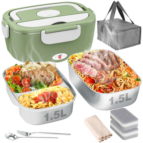 Geveniss Electric Lunch Box for Adults, Heated Lunch Box for Car and Truck, Portable Food Warmer for Office Work, 80W Fast Heating, Dual Removable 1.5L Stainless Steel Containers