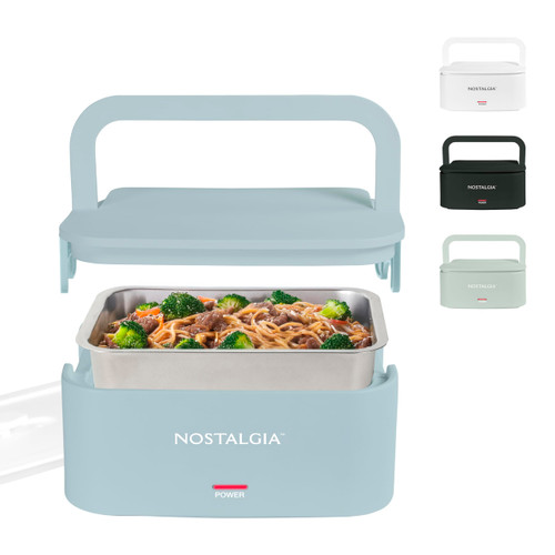Nostalgia 32-Ounce Heated Electric Lunch Box – Travel Size 4 Cup Capacity for Soup, Pasta, and Leftovers – Leak-Proof Silicone Sealed Lid, Foldable Carry Handle, Detachable Cord – Chambray
