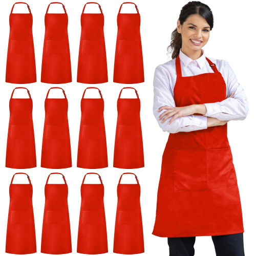 Syntus 12 Pack Apron with 2 Pockets Aprons for Men Women, Polyester, Red