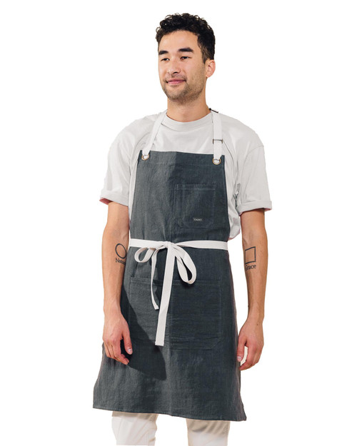 Caldo Linen Kitchen Apron for Cooking- Mens and Womens Linen Bib Apron for Professional Chef, Server, or Barista - Adjustable with Pockets (Slate)