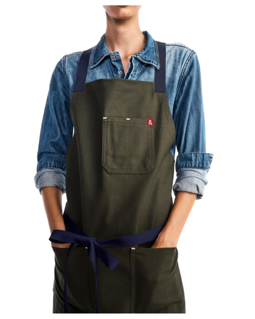hedley & bennett Crossback Chef Apron, Pockets & Towel Loop, Olive Green
