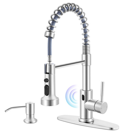 Herogo Touchless Kitchen Faucets with Soap Dispenser, Motion Sensor Activated Commercial Stainless Steel Sink Faucets with Pull Down Sprayer for Vanity RV, Brushed Nickel