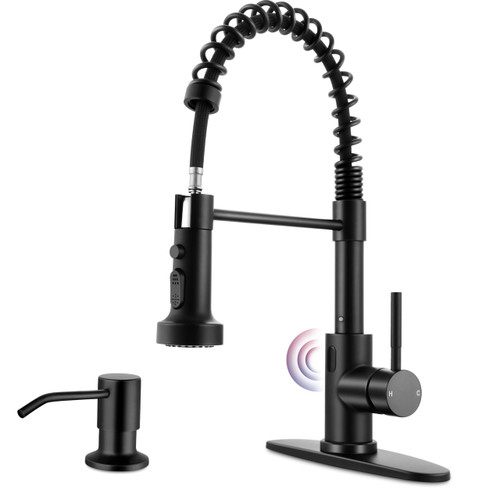 Herogo Touchless Kitchen Faucets with Soap Dispenser, Motion Sensor Activated Commercial Stainless Steel Sink Faucets with Pull Down Sprayer, Matte Black Single Handle Faucets for Vanity Farmhouse RV