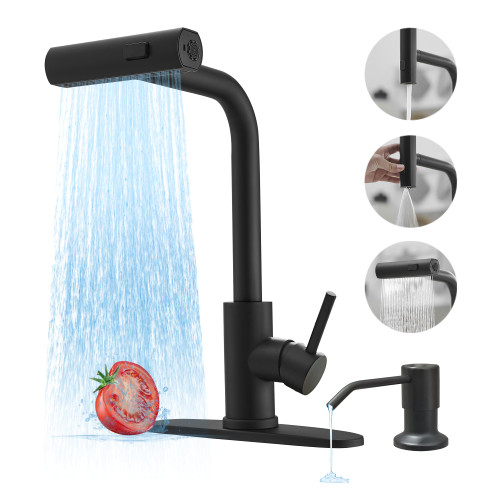 Black Kitchen Faucets with Pull Down Sprayer,Waterfall Kitchen Sink Faucet with Soap Dispenser,Utility Stainless Steel Kitchen Faucet,Single Handle Kitchen Faucet with Pull Down Sprayer for 3 Function