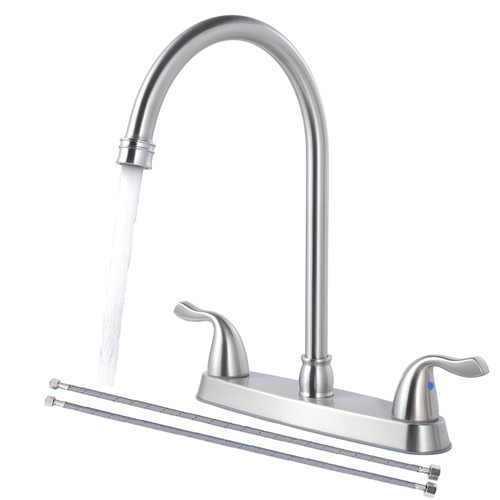 SHACO Kitchen Faucets, 13 Inch High Arc 2 Handle 8 Inch Centerset Kitchen Sink Faucet with Supply Line, 360° Rotating Spout 2 or 3 Hole Mount, Brushed Nickel, SC-KF200