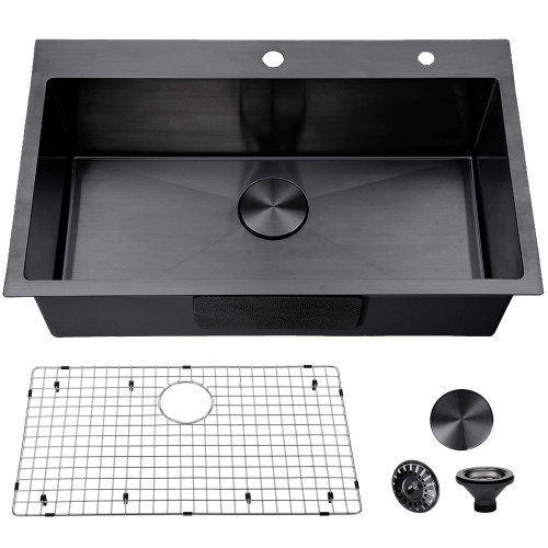 VESLA HOME 30 inch Drop in Black Kitchen Sink, Single Bowl Stainless Steel Handmade Topmount Kitchen Sinks with Dish Grid and Drain