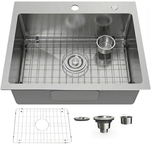 Bathenum 22" x 18" Drop in Kitchen Sink 304 Stainless Steel Single Bowl Topmount Kitchen Sink with Drain Kit and Bottom Grid, Brushed