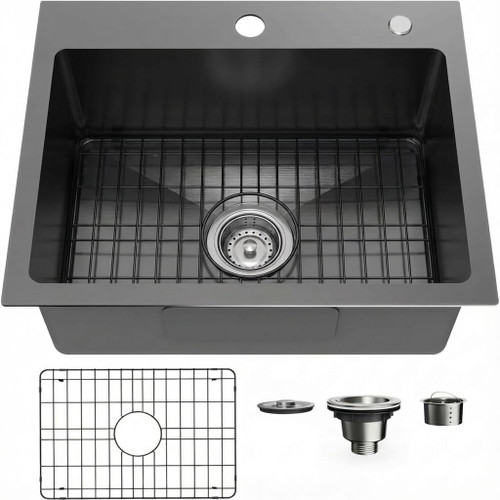 Bathenum 22" x 18" Drop in Kitchen Sink 304 Stainless Steel Single Bowl Topmount Bar Sink with Drain Kit and Bottom Grid, Black