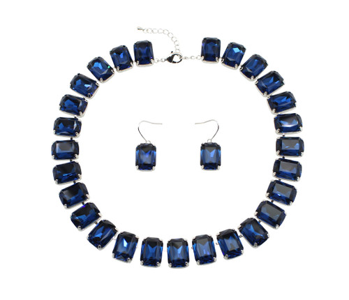 Faship Navy Blue Rectangle Crystal Statement Necklace Earrings Set - Navy Blue