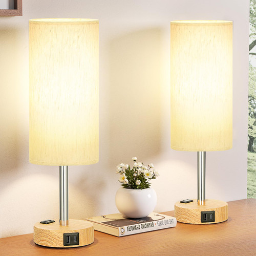 Fenmzee Bedside Table Lamp Set of 2 - Dimmable Touch, USB A+C, AC Outlet 3-Way Dimmable, LED Bulb Included, USB C+A Charging Ports, Cream Fabric Lampshade, Metal Base, 14in Small Bedroom Lamps Set