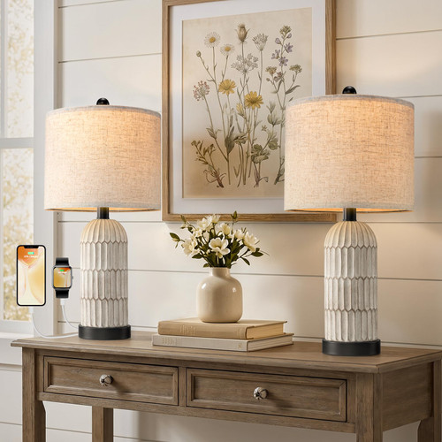 OYEARS 22.5" Bedside Table Lamps Set of 2, Farmhouse Table Lamp with USB A+C Charging Ports,Vintage Nightstand Lamp for Bedrooms and Living Rooms, Retro Resin End Table Lamp with Linen Shade, Black