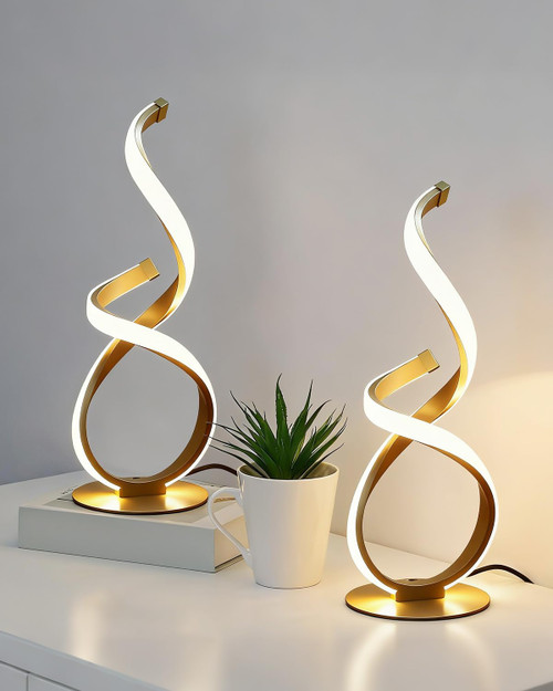 JIOODICH. 2 Pack Gold Cool Table Lamps, LED Spiral Desk Lights, Dimmable