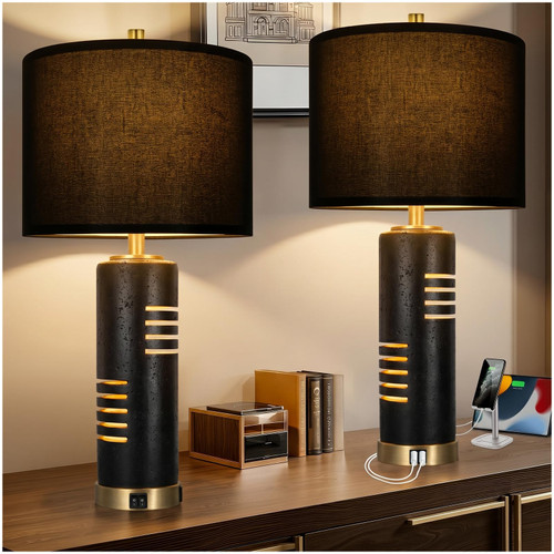 KIVDITZO 27.5" Faux Stone Table Lamps Set of 2 with USB and Night Light