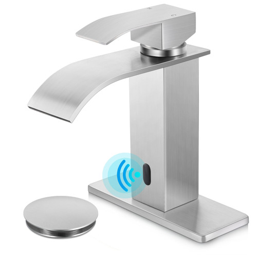 Herogo Touchless Bathroom Sink Faucet, Automatic Sensor Brushed Nickel Waterfall Stainless Steel Bathroom Faucet with Brass Pop Up Drain for Vanity RV Lavatory Farmhouse