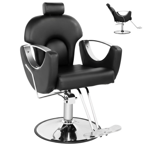 Salon Barber Chair, Reclining Salon Chair for Hair Stylist, Styling Chair with Height Adjustable & Thickened Seat, 360° Braiding Armchair, Detachable Headrest, for Shampoo, Barbershop, Black Silver