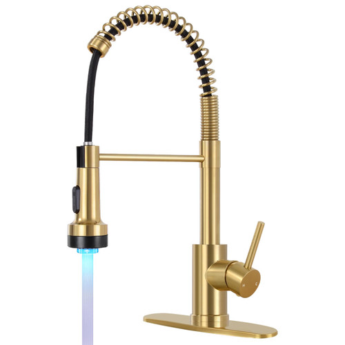 DJS LED Kitchen Sink Faucet Pull Down Sprayer Single Handle Brushed Gold