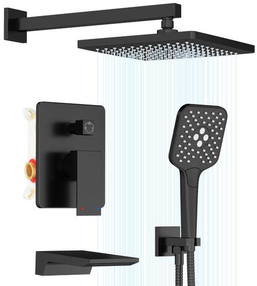 Gabrylly Shower Faucet Set with Tub Spout, 10" Shower Head，Matte Black