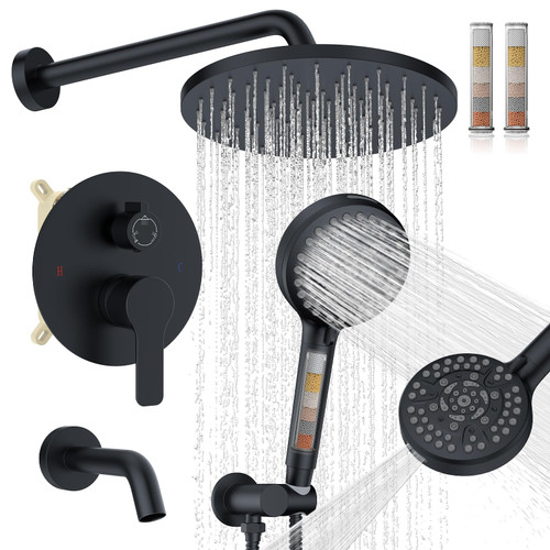 Iriber Mattle Black Bathtub Shower Faucet Set，Bathroom Shower System with Tub Spout ，Filtered Shower Head with Handheld, 9 Spray Mode Showerhead,Shower Valve Trim Kit Contain Cartridge,10 Inch