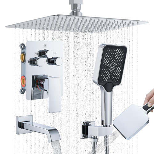 Bathtub Shower Faucet Set with Pressure Balance Valve, 12" Ceiling Mount Shower System with Tub Spout Multi-function Handheld Head Pressure Balancing Push Button Diverter Shower Trim Kit,Chrome