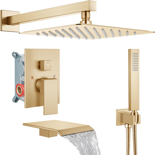 Midanya Rain Shower System with Tub Spout,10 Inch Brushed Gold