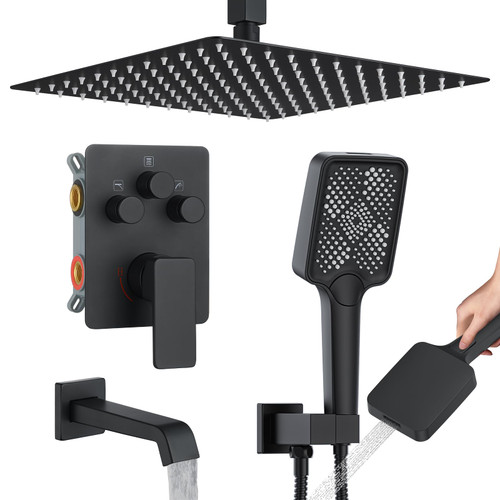 Bathtub Shower Faucet Set with Pressure Balance Valve, 12" Ceiling Mount Shower System with Tub Spout Multi-function Handheld Head Push Button Diverter Shower Trim Kit, Matte Black
